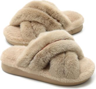 Generic Womens Fuzzy Cross-Band Platform Slides, Winter Warm Memory Foam Slippers, Non-Slip Sole Indoor Outdoor House Shoes,Camel,3.5 UK