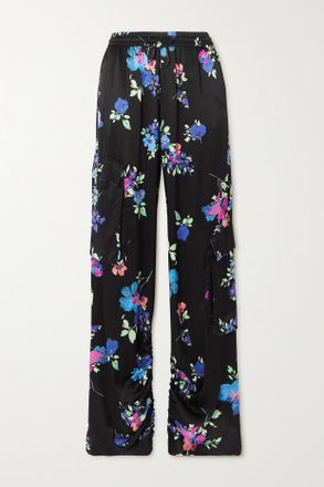 Rotate Silla Cargohose Mit Geradem Bein Aus Satin Mit Blumenprint Und Raffungen - Schwarz