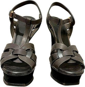 Saint Laurent grey leather Tribute platform heeled sandals Size 36