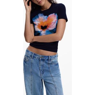 Desigual Embroidered Pansy Cotton Graphic T-Shirt in Navy Blue at Nordstrom, Size X-Large