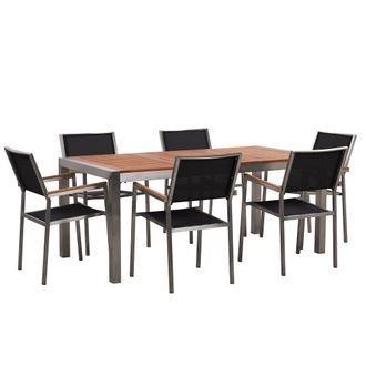 Beliani Conjunto De Comedor De Jard&iacute;n Mesa Con Tablero De Madera De Eucalipto 180 X 90 Cm Y 8 Sillas En Tela Negras Grosseto