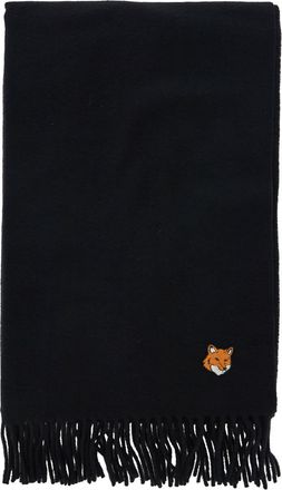 Maison Kitsuné Black Scarf With Logo Patch On The Front And Fringed Hem In Wool Man