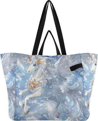 Generic Unicorn Snowflakes Winter Blue pattern Reusable Canvas Tote Bag, Heavy Duty Grocery Shopping Bag with Double Handles Large Capacity Hard Bottom Work G