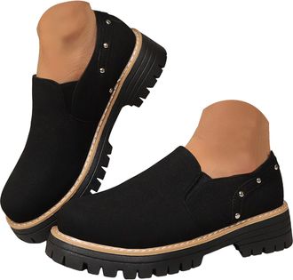 Generic Womens Platform Chunky Loafer Lug Sole Comfortable Slip On Work Business Casual Dress Shoes for Women Low Heels Walking Loafers Fashion Round Toe Non-