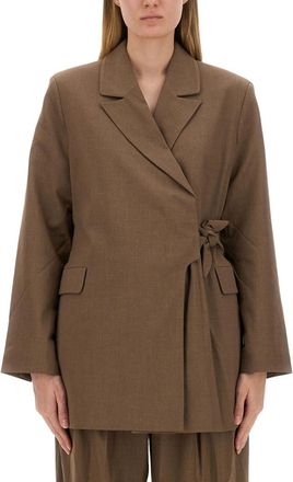 Ganni Brown Solid Notched Lapel Blazer