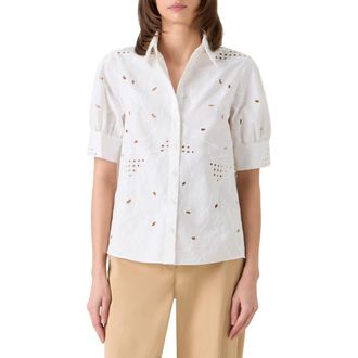 Akris Embroidered Cotton Eyelet Button-Up Shirt in Cream at Nordstrom, Size 14