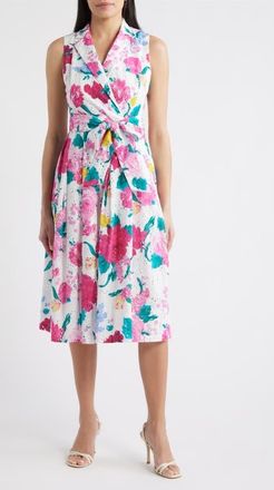 Anne Klein Floral Print Eyelet Midi Wrap Dress in Crispt White Multi at Nordstrom, Size 16P