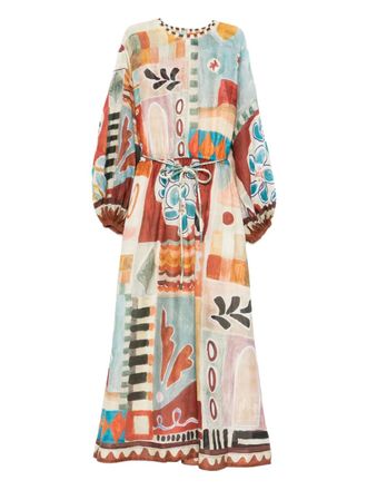 Alemais patchwork tie-belt midi dress - women - Cotton/Ramie - 12 - Red