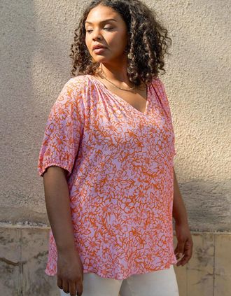 Live Unlimited London Womens Orange Floral Short Sleeve Blouse - Size: 16