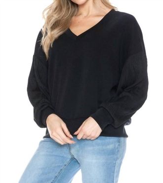 Ariella V-Neck Top With Contrast Sleeve In Black
