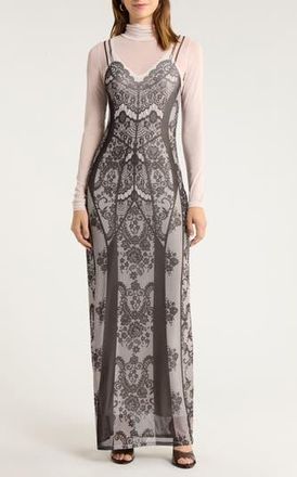 AFRM Billie Trompe lOeil Long Sleeve Mesh Maxi Dress in Corset Slip at Nordstrom Rack, Size X-Small