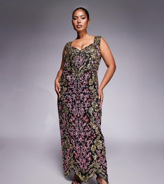 Asos Curve - Vestito lungo decorato con perline nero e dorato-Multicolore