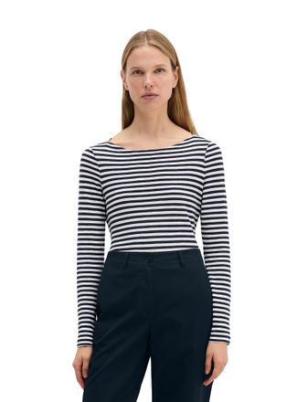 Marc O'Polo Langarmshirt MARC OPOLO, Damen, Gr. XS, blau (marine, wei&szlig;, gestreift), Jersey, Obermaterial: 100% Baumwolle, gestreift, Basic, figurbetont h&uuml;ftbedeck