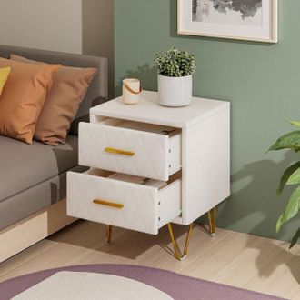 OEM Mesita De Noche Con Almacenamiento 2 Cajones Terciopelo Miel Pies Dorados - Lote De 2 - 41x35.5x51 Cm - Estilo Lujo Moderno Y Suave