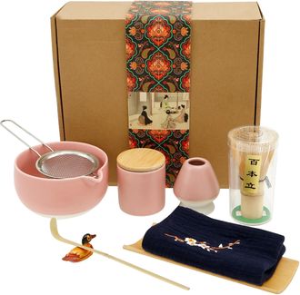 OEM Elegante Juego De 9 Piezas Para Preparar Matcha Con Batidor De Bamb&uacute; Y Cuenco De Cer&aacute;mica Rosa