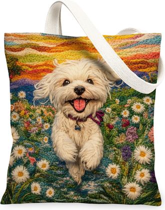 Generic Spring Samoyed Dog Canvas Tote Bag for Shopping 13x15, Knitting Style Garden Puppy Reusable Grocery Print Bag for Women, Fun Pet Beach Aesthetic Paint