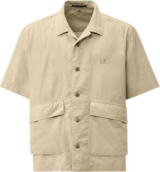 C.P. Company Popeline Boxy Shirt met Korte Mouwen - Heren - Korte mouwen Overhemden - Beige - XL - Katoen - Overhemden