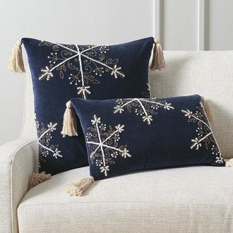 Frontgate Tasseled Snowflake Pillow Cover - Indigo, 13 x 22 Lumbar Indigo, Individual - Frontgate