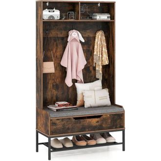 Costway Costway - 4 in 1 Appendiabiti da Ingresso, Armadio con Appendiabiti Multifunzionale, con Panca Cuscino e Ganci, Panchina per Ingresso, 90 x 38,5 x