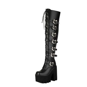 Generic Qynthra Womens Gothic Platform Knee High Boots Black Patent Leather Chunky Block Heel Multi Buckle Combat Style Lace Up Platform Sole Alternative Fash