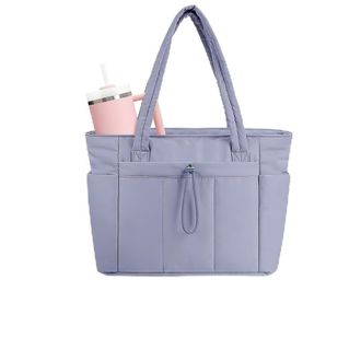 Generic Quilted Tote Bag with Cup Holder & Laptop Compartment, Large Capacity Cute Puffer Crossbody Travel Work Bags for Women (1, Purple)