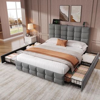 C&A 4ft6 Velvet Double Bed Frame with Storage Drawers,Charging Station,and Adjustable Tufted Headboard in Grey