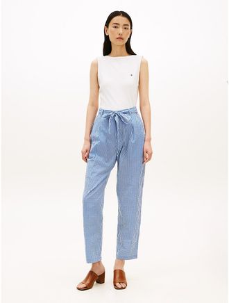 Tommy Hilfiger Womens Belted Gingham Seersucker Tapered Pant - Blue - XL