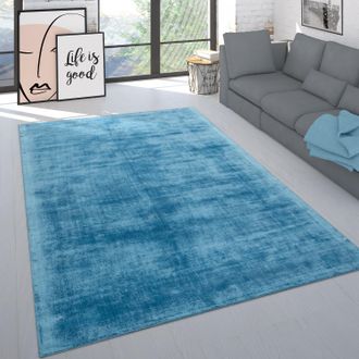 Paco Home Paco Home Alfombra Hecha A Mano Alta Calidad Monocolor Pelo Corto Moderna Mezcla Materiales Turquesa 80x150 Cm