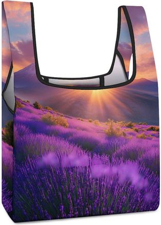 Generic Lavender Flower Mountain Landscape Spring Shopping Bag Reusable Grocery Tote Bag Foldable Handbag for Travel Picnic