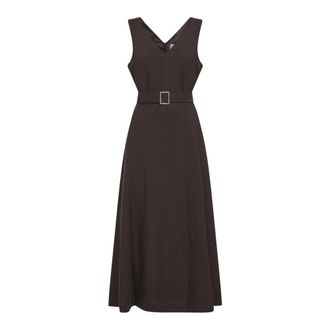 Blanca Vita V-hals Midi Jurk met Riem - Dames - Casual kleedjes - Bruin - XS - Linnen - Kleedjes
