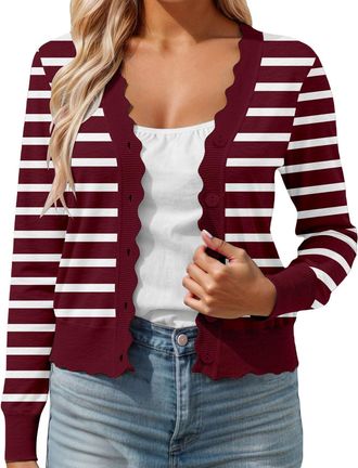 Generic Cardigans for Women UK Womens Cardigans Knit Long Sleeve V Neck Button Down Lightweight Ladies Scalloped Shrugs Jumper Cardigan Sweaters for Dresses S