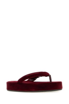Balenciaga Womens Tiziano Red Velvet Jet Lag Thong Slippers Burgundy Flat Shoes