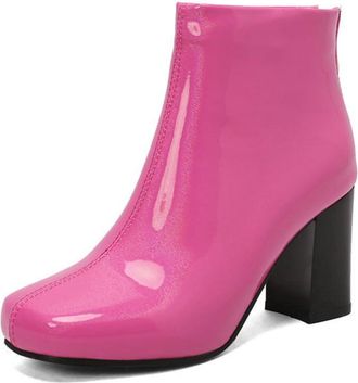 Generic Womens Square Toe Patent Leather Ankle Boots with Chunky Block Heel & Back Zipper, Autumn/Winter Style,Pink,6.5 UK