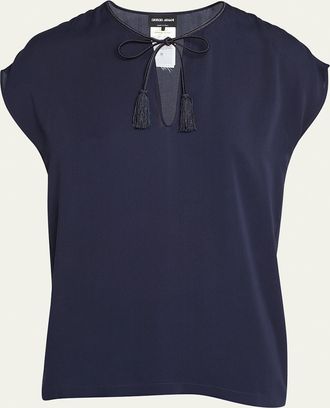 Giorgio Armani Silk Georgette Blouse with Fringe Tie Neck Detail