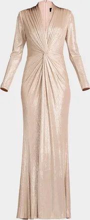 Tadashi Shoji Twist-Front Metallic Jersey Column Gown