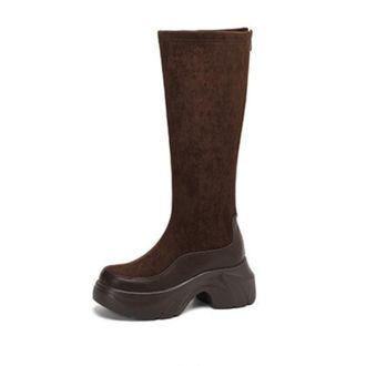 Generic Women Knee High Suede Platform Boots Elastic Shaft Chunky Thick Sole Side Zip Closed Toe Slip On Comfortable Durable Fashion,Brown,3.5 UK