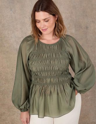 Live Unlimited London Womens Khaki Shirred Long Sleeve Top - Green - Size: 14