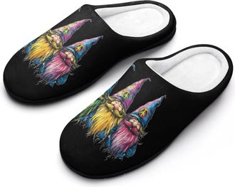 Generic Gnome with Peace Sign Hat Mens House Slippers Memory Foam Washable Cotton Slip on Home Shoes