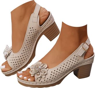 Generic Wedge Sandals for Women Summer Open Toe Low Chunky Heeled Ankle Strap Flower Shoes with Arch Support Dressy Breathable Wide Fit Low Heeled Sandal Fash