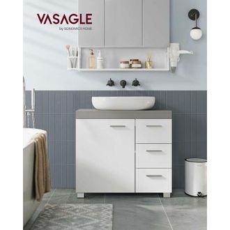 Songmics Vasagle Mueble Bajo Lavabo, Armario de Baño, 3 Gran Cajones, 2 Compartimentos Detrás Puerta, Armario Lavabo con Patas, 30 x 70 x 64 cm, Gris Cemento