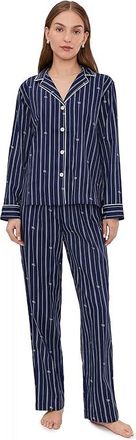 Lauren Ralph Lauren Woven Long Sleeve Notch Collar Long Pant Pj Set Womens Pajama Sets Navy Blue Logo : LG (US 12-14), Cotton/Viscose
