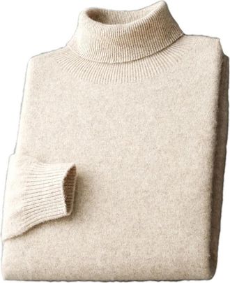Generic Mens Solid Merino Wool Turtleneck Pullover Jumpers Thick Warm Jumpers Soft Casual Knitwear Basic Tops Beige XXL