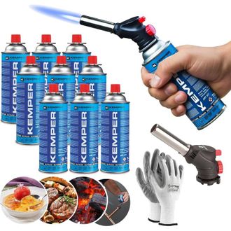 Kemper Kit Soplete De Gas Piezo Con 9 Cartuchos Butano Kemper 190g + 1 Pares De Guantes De Regalo Soldadura, Cocina, Camping, Reparaciones, Llama Ajustable, 