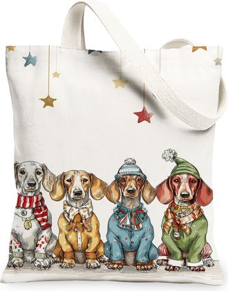 Generic Charming Dog Canvas Tote Bags, Cute Canine Design Reusable Grocery Bags, Winter Lightweight Washable Shoulder Strap Canvas, White, 13x15 Inch
