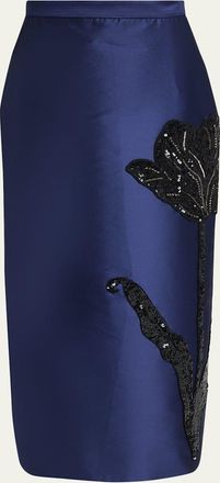 Erdem Embroidered Satin Midi Pencil Skirt