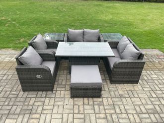 Fimous Wicker PE Rattan Furniture Garden Dining Set Outdoor Height Adjustable Rising lifting Table Love Sofa Chair in Dark Grey