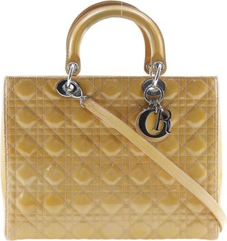 Dior Lady Dior Cannage Quilt Metallic Leather Black Patent_Leather Handbag (Pre-Owned)