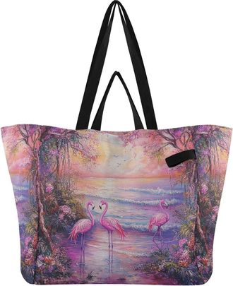 Generic Pink Flamingo Ocean print Reusable Canvas Tote Bag, Heavy Duty Grocery Shopping Bag with Large Capacity Double Handles Hard Bottom Work Groceries Trav