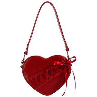 Generic Ribbon Heart Shaped Shoulder Bag PU Leather Crossbody Bag Fashion Crossbody Purse for Women Girls (Wine Red)