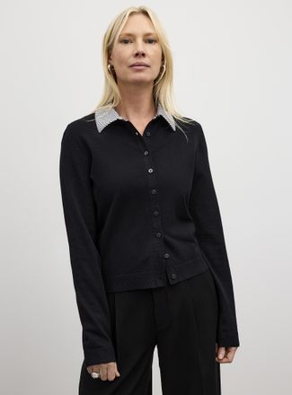Contemporaine Womens Poplin shirt collar fine-knit cardigan